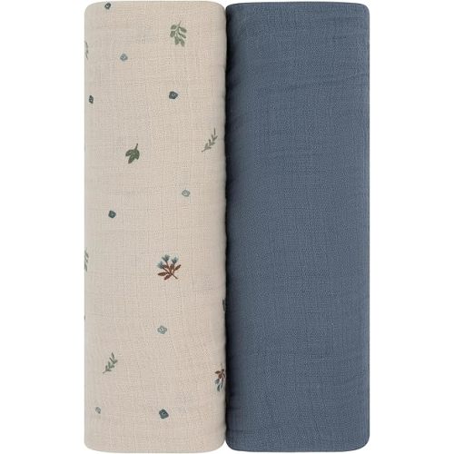 Ely's & Co. Muslin Swaddle Blanket 2-Pack — 100% Cotton Muslin Extra-Large Swaddle Blankets (47” x 47”) Solid + Printed (Blue Garden Flower)