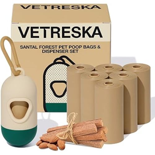 VETRESKA Dog Poop Bag with Dispenser, Leak Proof and Extra Thick Pet Waste Bags for Dog Walking and Cat Litter, Sandalwood & Almond Scented, 105 Count