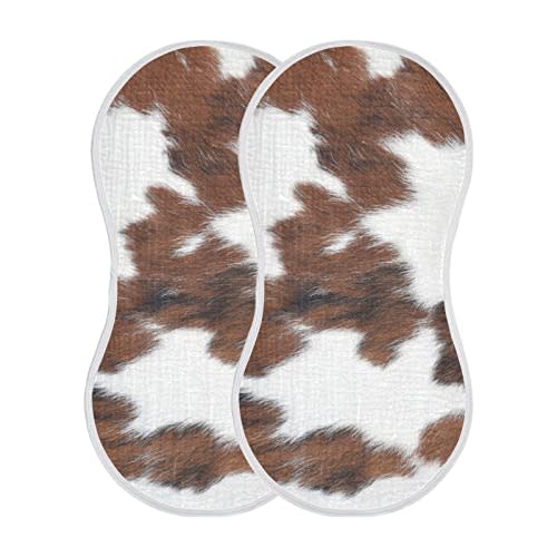 WELLDAY Muslin Baby Burp Cloths Set of 4, Soft Absorbent White Brown Print Cow Muslin Washcloths, Bibs, Face Towel for Newborn Boys Girls, 22 x 11 Inch