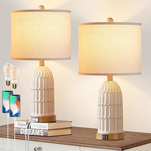 Boho Table Lamps Set of 2, Farmhouse 3-Way Dimmable Touch Nightstand Lamp with 2 USB Charging Ports, White Vintage Bedside Lamp for Bedroom Living Room End Table (Bulbs Included)