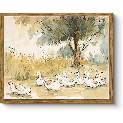 ARPEOTCY Vintage Framed Canvas Wall Art, 8x10inch, Farmhouse Nursery Duck Wall Decor, Rustic Art Prints Home Decor, Cute Duck Illustration Paintings for Living Room Bedroom Office Decoration