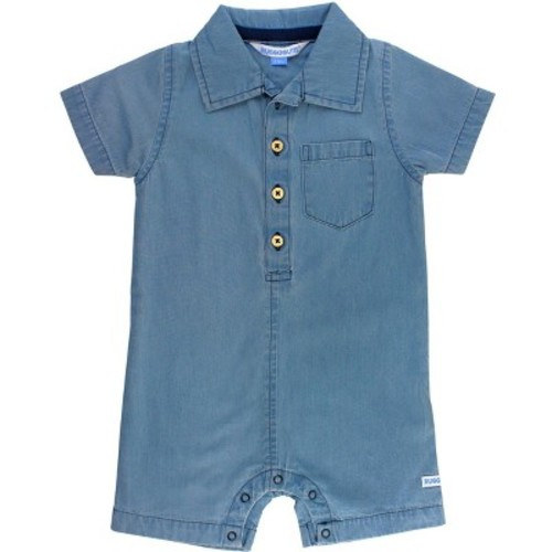 RuggedButts Baby Toddler Boys Short Sleeve Button-Up Romper, Color: Light wash denim, Size: 6-12 months
