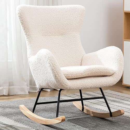 Rocker Glider Chair for Nursery, Modern Rocking Chair with High Backrest and Armrests, Comfy Uplostered Accent Chair for Living Room, Bedroom (Beige)