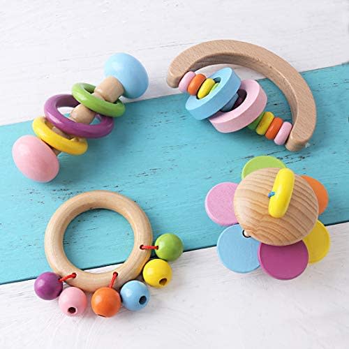 Promise Babe 4pc Organic Toddler Wooden Toys Wood Montessori Baby Rattle Intellectual Toddler Grasping Toy Perfect Newborn Gift
