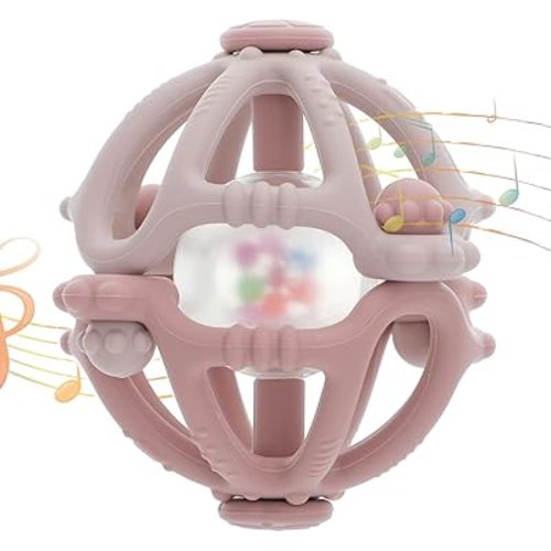 Stereo Rattle Teether, Sensory Teething Toys for Baby, Developmental Infant Toys Gifts for Boys Girls, BPA Free (Powder Rose/Dusty Lilac)