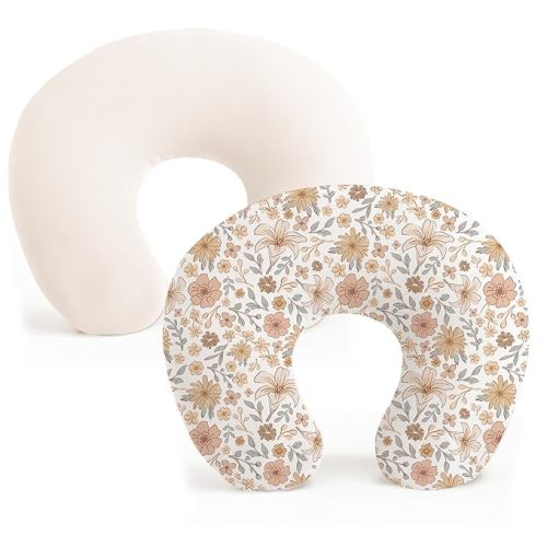 Konssy 2 Pack Nursing Pillow Covers, Stretchy and Soft Nursing Cover for Breastfeeding Pillows, Pillow Slipcover for Baby Girls Boys Newborn (Beige, Bouquet)