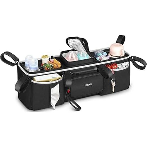 YOREPEK Heavy Duty Double Stroller Organizer for Bob Duallie, Baby Jogger City Mini GT2 and Jeep,Stroller Caddy with Detachable Cooler Bag and Handbag,Stroller Storage Attachment for Baby Accessories
