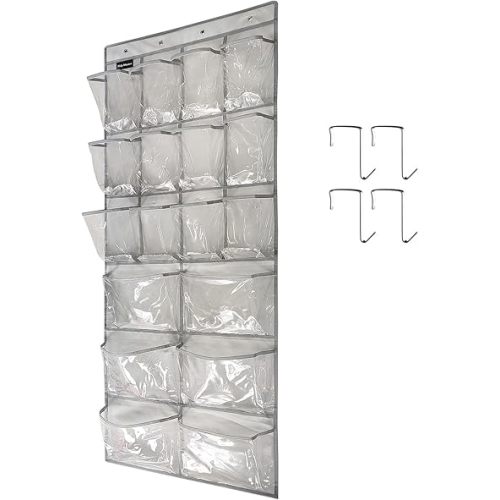 Extra Large Hanging Crystal Clear Over Door Shoe Organizer, Closet Shoe Rack with 12+6 Pockets, 8 Hooks, Grey (59"x 21.6")