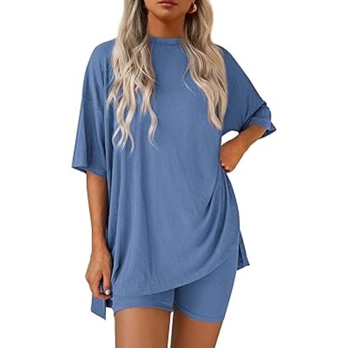 PRETTYGARDEN Women's Two Piece Lounge Set 2025 Summer Casual Oversized Shirts Biker Shorts Matching Airport Travel Outfit