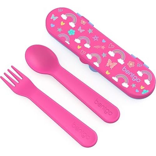 Bentgo® Kids Plastic Utensil Set - Reusable Fork, Spoon & Storage Case, PFAS- & BPA-Free, Easy-Grip Handles, Lightweight, Dishwasher Safe, School Lunch, Travel & On-the-Go (Rainbows and Butterflies)