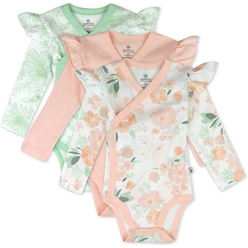 3 Pack Long Sleeve Side Snap Ruffle Shoulder Bodysuit 100% Organic Cotton for Infant Baby and Toddler Girls