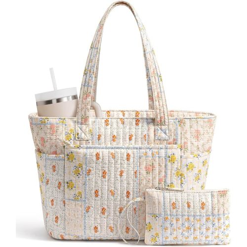 Bagstellar Quilted Tote Bag for Women Teacher Nurse Cotton Laptop Work Tote