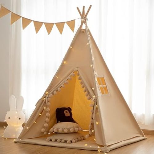 Teepee Tent for Kids Tent Indoor with Floor Mat,Carry Bag,Banner,Play Cottage with Star Light, Cotton Canvas Kids Teepee Tent for Girls & Boys, Pompom Ball Design, Foldable Teepee Tent for Kids - Khaki Fur Ball With Mat