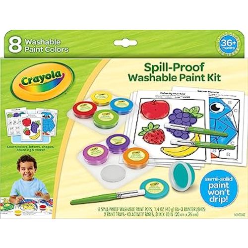 Crayola Spill Proof Paint Set (8ct), Washable Toddler Paint Kit, with Activity Pages, Kids Paint Brushes, Paint Pots, Ages 3+