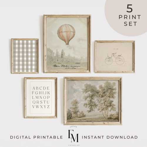 Boy Vintage Nursery Print Digital Wall Art Sage Green Room Decor Hot Air Balloon ABC Art Bedroom Playroom Baby Shower Gift New Mom Present