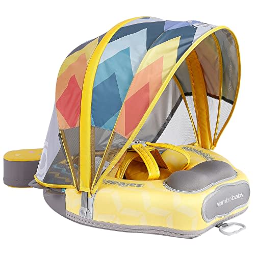 Mambobaby Float Upgrade Add Tail Baby Float with Canopy for Infant Waist Swimming Ring Swim Trainer Non-Inflatable Floats Toys with Adjustable Safety Strap (Yellow - Colorful Fish)
