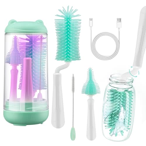 GQIRIL Silicone Baby Bottle Brush Cleaner Set, Travel Nipple Brushes Cleaning Kit, UV 360° Rotating Bottle Washing Tools Including Nipple and Straw Cleaner, Storage Box for Home Travel Gift