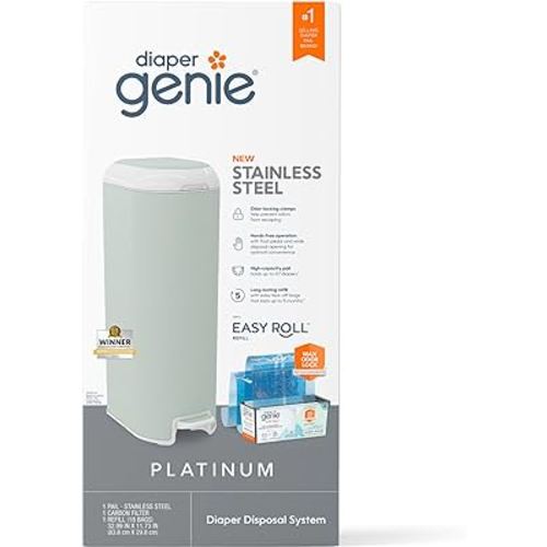 Diaper Genie Platinum Pail (Sage Green) is Made in Durable Stainless Steel and Includes 1 Easy Roll Refill with 18 Bags That can Last up to 5 Months.