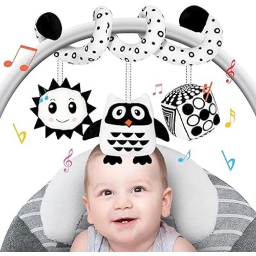 FATI Car Seat Toys for Babies 0-6 Months, Black and White High Contrast Toys for Infants 0-3 Months, Sensory Toys for Newborn 3-6 Months, Spiral Hanging Toys for Baby Stroller/Carseat/Bed/Crib