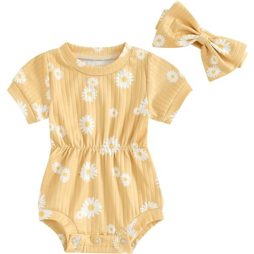 Baby Girl Outfit Knit Onesie+Bow Headband Short Sleeve Romper Newborn Coming Home Outfit Infant Summer Clothes