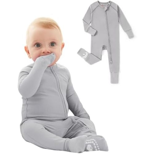 PATPAT Organic Cotton Baby Footie Pajamas with Two-Way Zipper & Fold-Over Mittens, Soft Stretchy Romper for Newborn Boy Girl