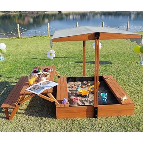 Sandbox Kids Outdoor Sand Box with Lid Cover Sand Pit with Kids Picnic Table Foldable Gift for Ages 2-8 Years Old for Backyard Garden