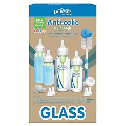 Dr. Brown's Natural Flow Anti-Colic Options+ Narrow Glass Baby Bottle Starter Set with Silicone Bottle Sleeves, Brush & Soft 100% Silicone HappyPaci Pacifier for Newborns, 0m+