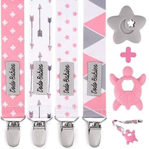 Dodo Babies Pacifier Clip & Teether Toy Set - Four Clips Plus Two Silicone Teether Toys - Universal Holder Fits Most Paci Brands