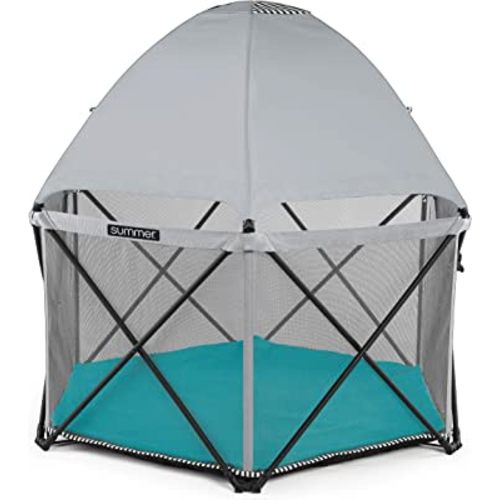 Summer Infant Pop ‘n Play SE Hex Playard, 6-Sided, Sweet Life Edition, Aqua Sugar Color – Full Coverage Play Pen for Indoor and Outdoor Use - Fast, Easy and Compact Fold Aqua Sugar