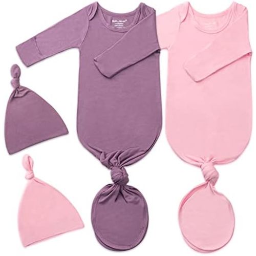 2Pk Newborn Baby Knotted Gown, Super Soft Silky Infant Long Sleeve Sleeper for Baby Sleeping with Hat or Headband (2 Packs)