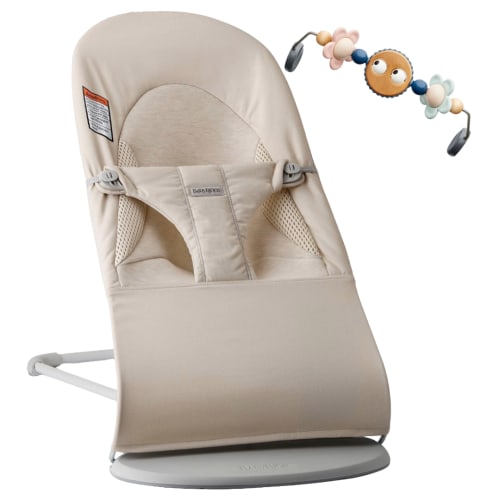 BabyBjörn Bouncer Balance Soft - Light Beige, Woven/Jersey w/ Toy Bar Googly Eyes Pastels