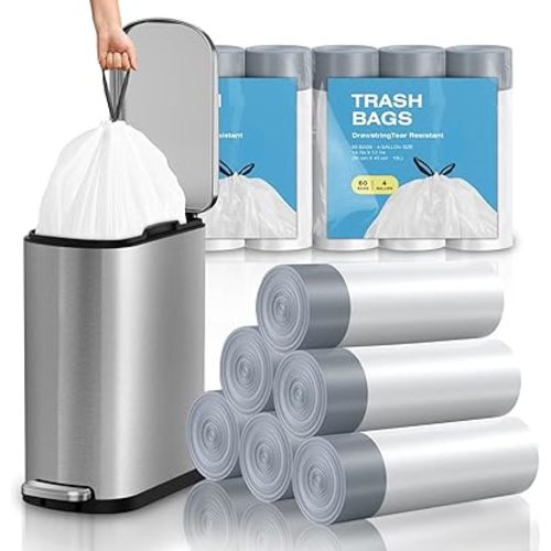2.6 Gallon Mini Drawstring Trash Bags, Small Garbage Bags by KSSKSS, Code a fit 10-15 Liter, 2.6-4 Gal, White Trash Bin Liners for Home Office Kitchen Bathroom Bedroom, 120 Counts