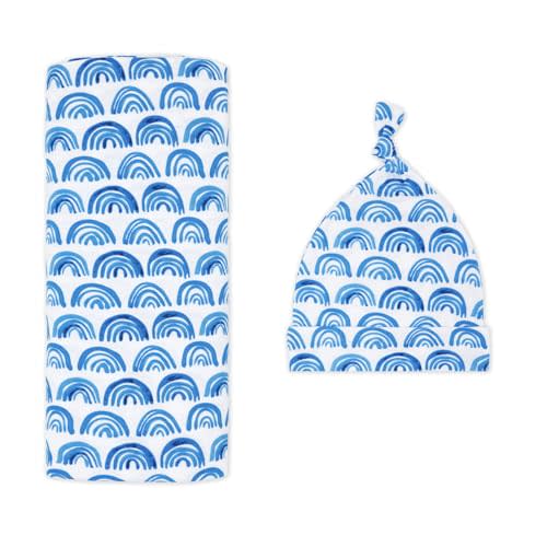 Little Sleepies Swaddle & Hat Set, Baby Swaddles Newborns, Soft Viscose from Bamboo Swaddle Blanket Wrap (Blue Rainbows)