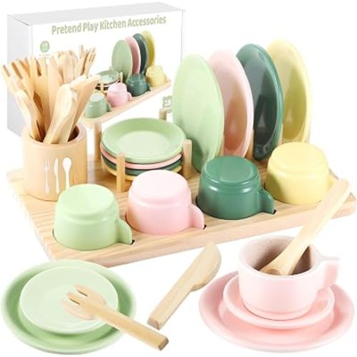 GAGAKU Wooden Play Kitchen Accessories - 25Pcs Montessori Play Dishes Set with Integrated Storage Stand, Bright Color Plates & Bowls, Pretend Cooking Toys for Ages 3-5, Educational Gift for Toddler