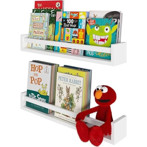 Wallniture Utah 24" Wall Bookshelf for Kids Room, White Floating Nursery Decor Book Shelves, Wood, Set of 2