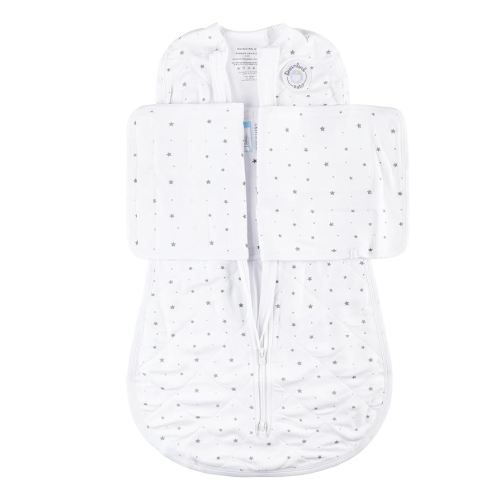 Dreamland Baby Viscose Swaddle Blanket (0-6 Months). 1.0 TOG Ultra Soft Swaddle Blanket w/Built in Band. 97% Viscose, 3% Spandex (White with Grey Stars). Mom-Owned US Business, Premium Materials