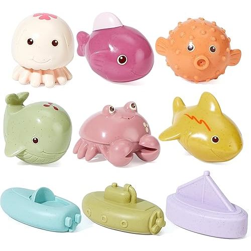Mold Free Baby Bath Toys for Babies 6-12 Months 9 Pack No Hole sea Animal and Floating Boats Bathtub Pool Shower Toys Christmas Birthday Gift for Toddlers Infants Girls Boys