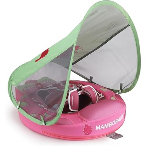 Mambobaby Float Add Tail Baby Swim Float with Canopy Solid Pool Infant Swim Trainer Swimming Training Lying Air Free Water Floats Non-Inflatable Waist Swim Ring for Toddlers (Dragon Fruit)