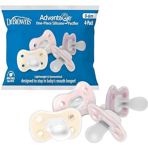 Dr. Brown's Advantage One-Piece Silicone Baby Pacifier, Fully Symmetrical Soother, Ecru/Light-Pink/Pink, 0-6M, BPA-Free, 4-Pack