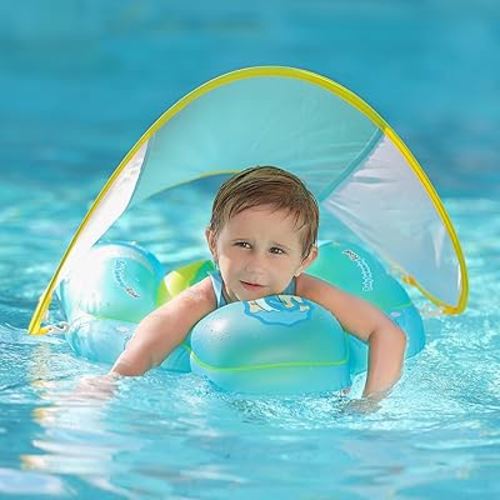 Free Swimming Baby Infant Pool Float with Sun Canopy Inflatable Baby Swimming Floatie with Sponge Safety Bottom Support Water Toys Swim Trainer (Blue, Large)