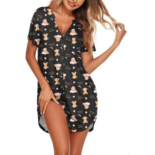 Ekouaer Women V Neck Button Down Nightgown