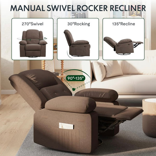 Rocker Recliner Chair for Adults with Massage & Heat, 360° Swivel Glider, Manual Recliner w/USB Port & Side Pocket, Compact Living Room Apartment Reclining Chair (Brown)