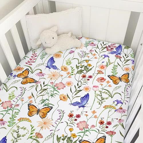 Spring Wildflower Butterfly Baby Crib Sheets 52''x28'' Watercolor Floral Summer Stretchy Fitted Crib Mattress Sheet for Boy Girl Retro Botanical Soft Nursery Sheet for Standard Crib Toddler Mattress