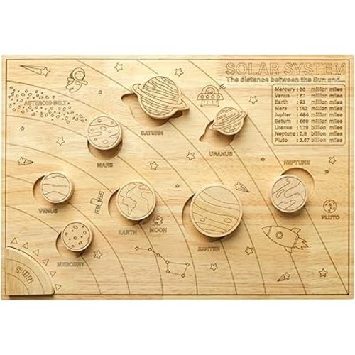 BLUE GINKGO Solar System Model Board - Wooden Science STEM Montessori Toys for Kids 3-8 with Removable Planets - Outer Space Themed Educational Puzzle Game Toy Gift for Boys and Girls (16 x 11 Inches)