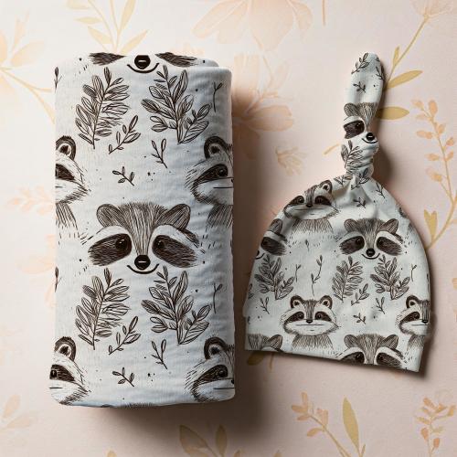 Raccoon Baby Swaddle Set: Jersey Knit Beanie, Headband & Blanket