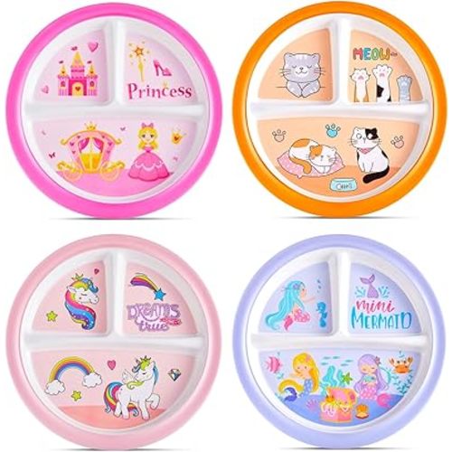 Hushee 4 Pcs 9.8 Inch kids Themed Dinner Plate for Kids Girls Boys Reusable 3 Compartment Plates Dinnerware Plates for School Party Supplies(Girls)