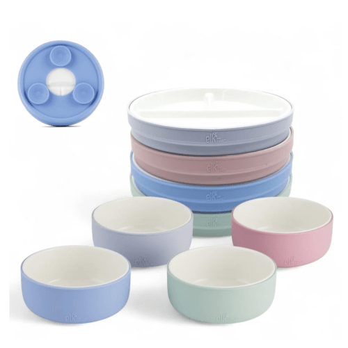 Kids Porcelain Mealtime Bundle | Suction Sleeves | 6.7" Plates + Bowls | 8 Pcs | Blush/Lilac/Sage/Misty Blue