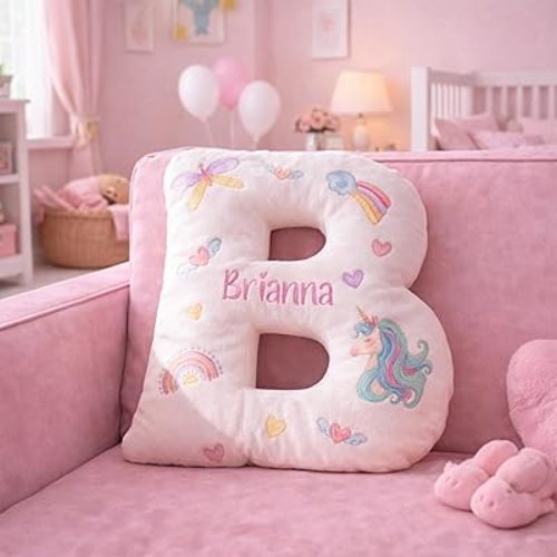 Custom Baby Girl Letter Pillow with Personalized Name, Soft Alphabet Cushion Featuring Princess Unicorn Rainbow Illustration, Charming Nursery Room Decor Gift for Newborn Birthday Baby Shower