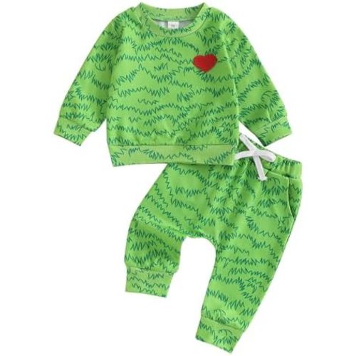 Baby Boy Christmas Outfits Heart Animal Green Long Sleeve Sweatshirt Pants Set Toddler Infant Christmas Clothes
