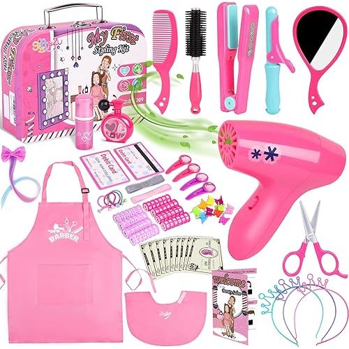 Gifts2U Hair Salon Toys for Girls, Girl Beauty Salon Playset Pretend Hair Styling Set with Blow Dryer, Barber Costume Apron, Scissors Styling Manu, Fake Money and Functional Stylist Accessories.
